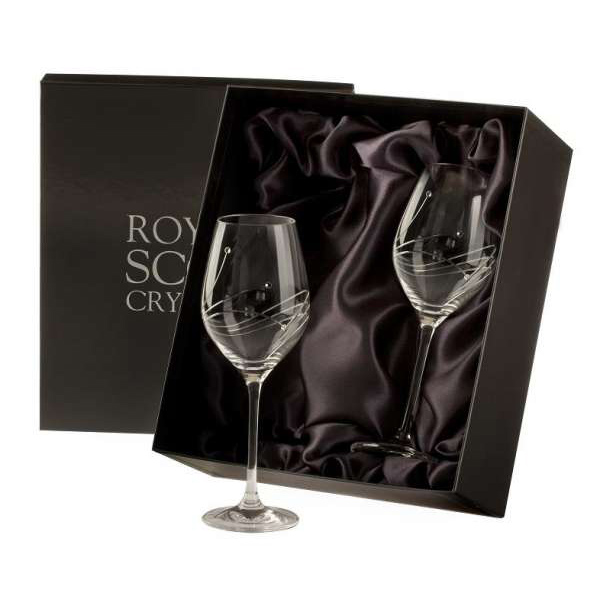 2 Royal Scot Crystal Large Wine Glasses - Diamante - PRESENTATION BOXED